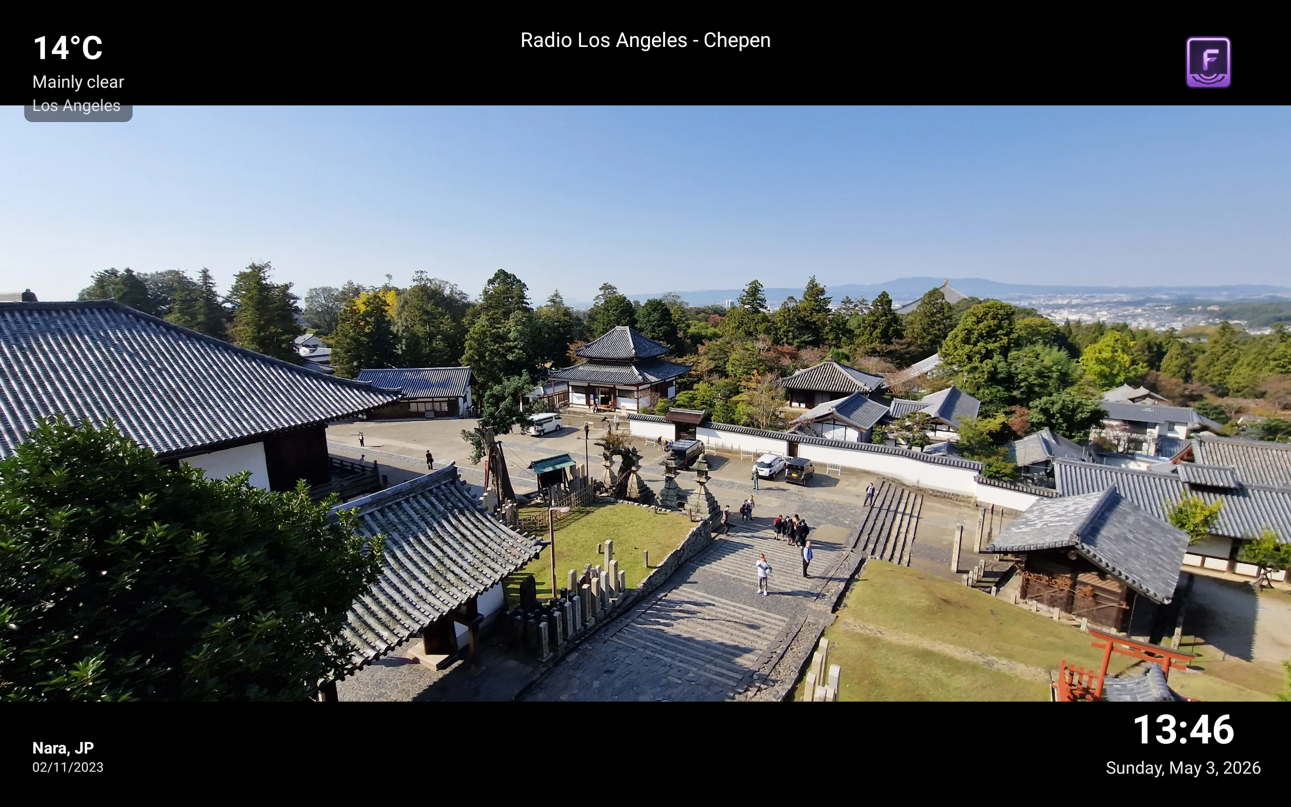 Fravora frame showing a temple in Nara, Japan with weather and time overlays