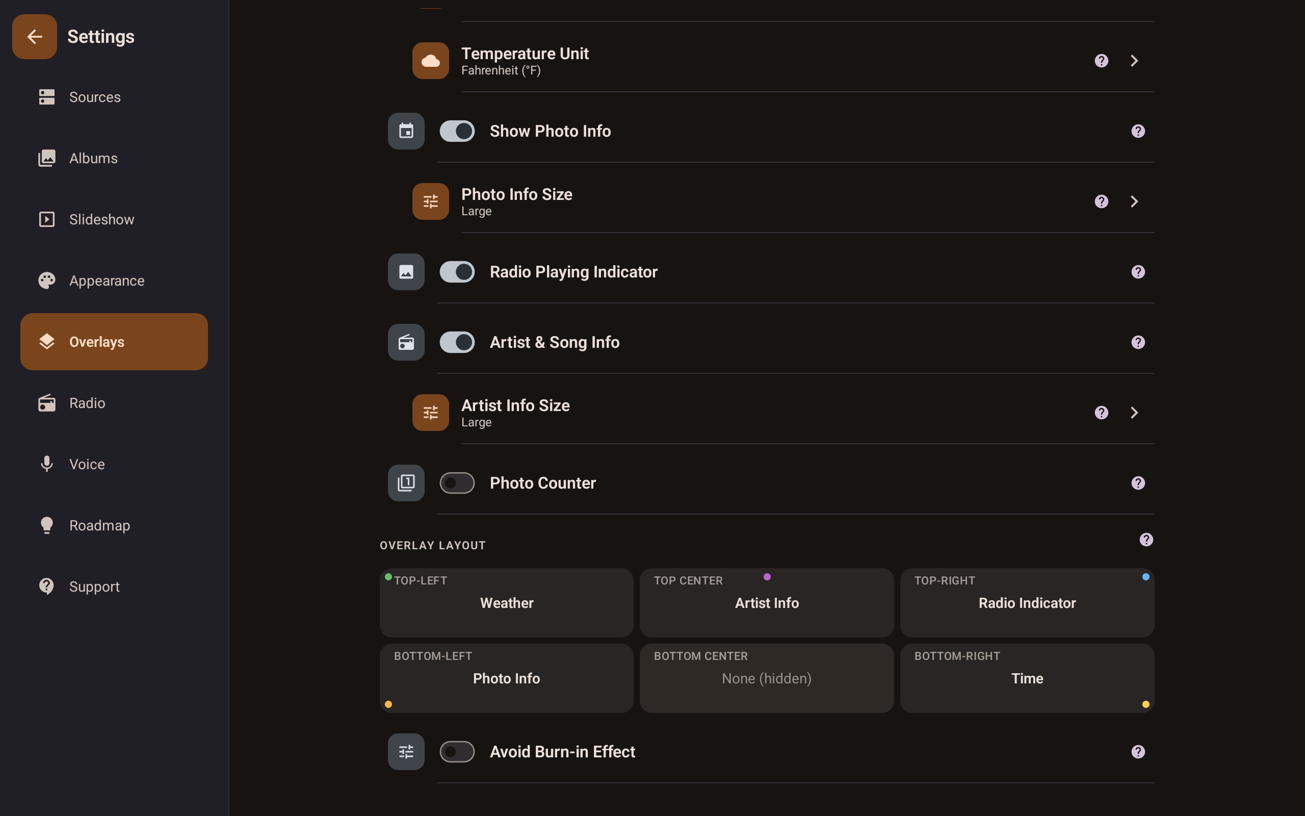 Overlay layout settings showing a 6-zone positioning grid