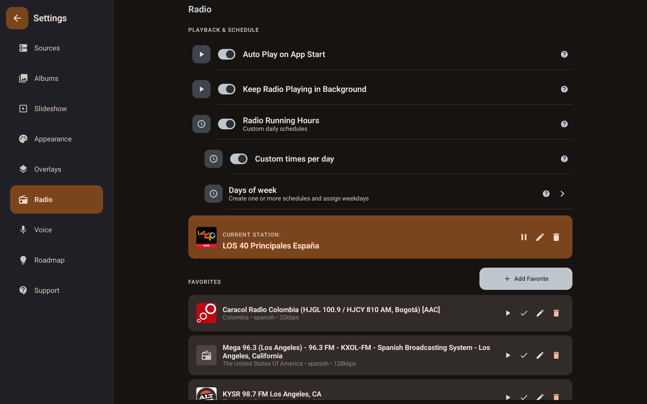 Radio settings screen showing station favourites and scheduling