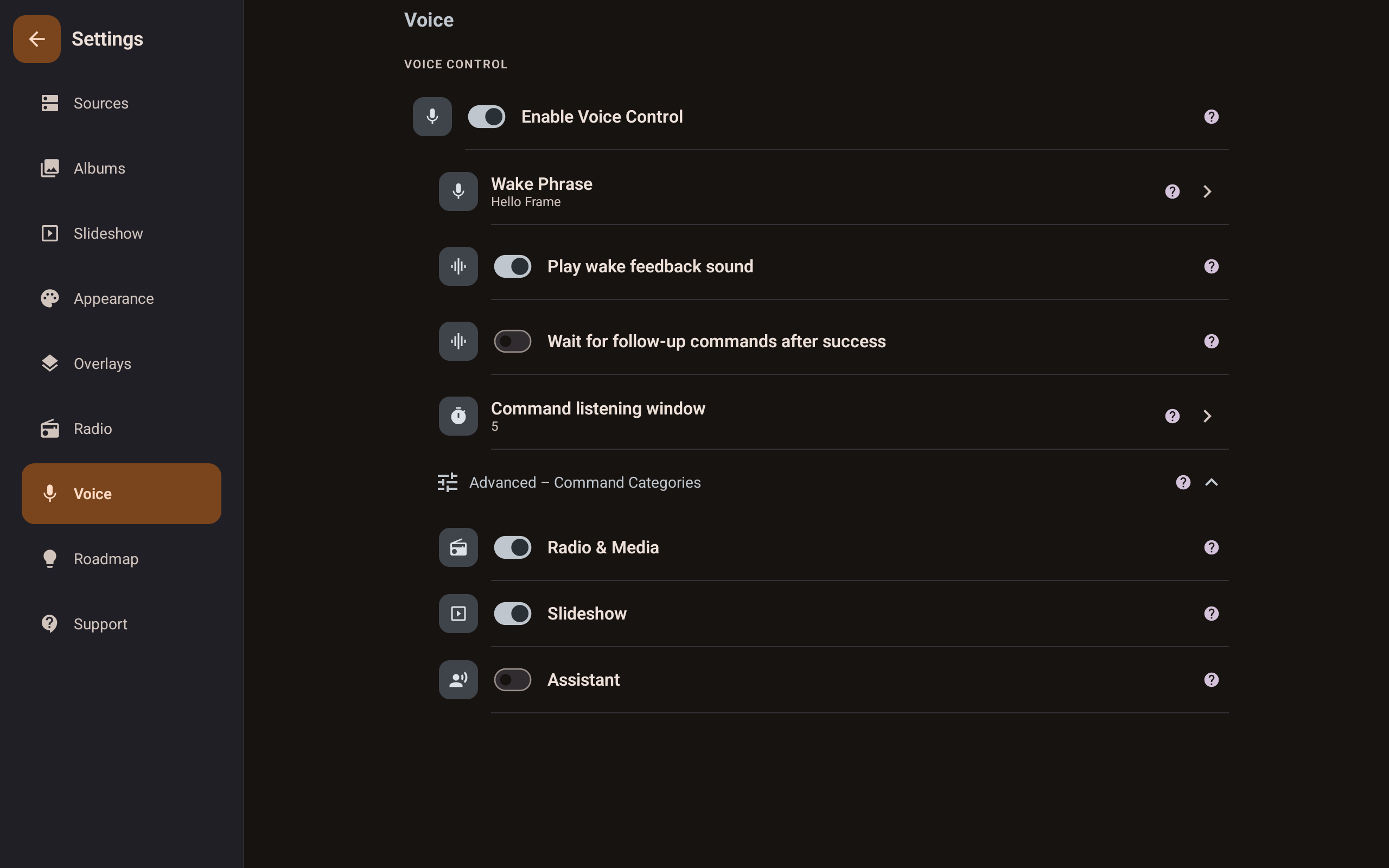 Voice control settings showing wake phrase, command categories, and listening window
